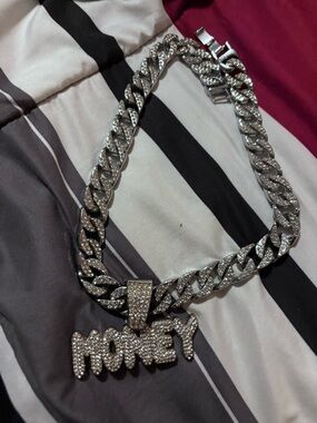 Silver-Tone 'Money' Cuban Link Pendant Necklace
